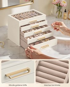 Caixa para joias em MDF 24 x 17,2 x 18,4 cm com tampa de vidro e cinco compartimentos, Branco creme