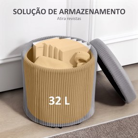 Pufe de Arrumação Baú de Arrumação Redondo Estofado em Veludo Cotelê  Tampa Removível Ø40x41 cm Cinza Claro