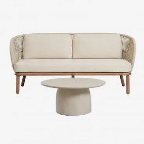 Conjunto De Sala Com Sofá De 2 Lugares Em Corda Trançada Capri E Mesa De Centro Redonda Ø75 Cm Em Cimento Layana Crema - Sklum