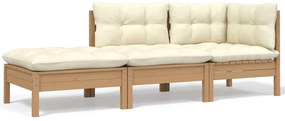 3 pcs conjunto lounge jardim c/ almofadões creme pinho maciço