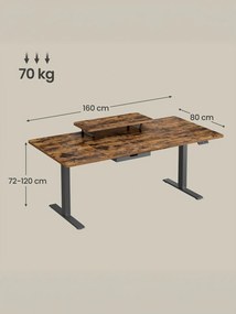 Secretária elétrica com altura ajustável, suporte para monitor e USB 160 x 80 x (82,5-130,56) cm castanho vintage