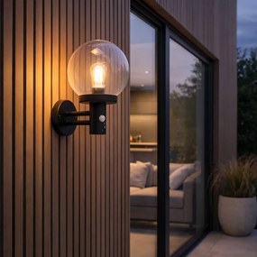 Candeeiro de Parede Exterior Preto com Abajur Transparente e Detetor de Movimento - Sfera