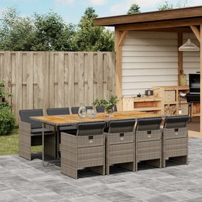 vidaXL 9 pcs conjunto de jantar p/ jardim c/ almofadões vime PE cinza