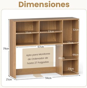 Estante de secretária 94 x 25 x 79 cm com 3 prateleiras ajustáveis e compartimento aberto para monitores até 27" para casa e escritório Natural