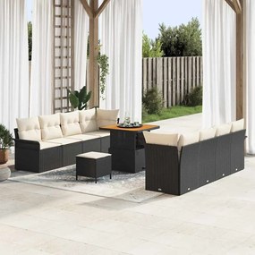 Conjunto de Sofá de Jardim de 11 Peças com Almofadas Rattan Sintético Preto Acácia vidaXL