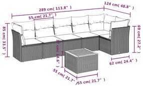 7 pcs conjunto sofás p/ jardim c/ almofadões vime PE cinzento