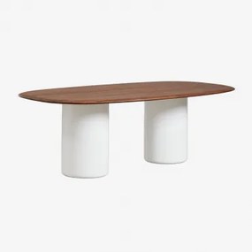 Mesa De Jantar Oval Em Mdf E Cimento Lysander Carvalho Escuro Castanho & Branco Brilhante & 220 X 110 Cm - Sklum