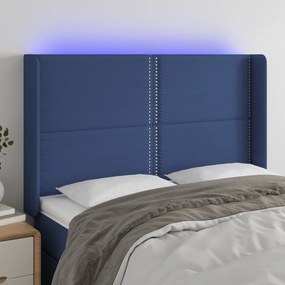 Cabeceira de cama c/ luzes LED tecido 147x16x118/128 cm azul