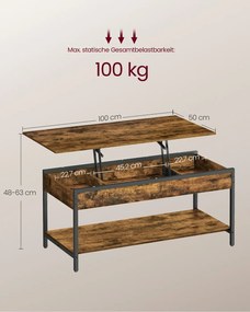 Mesa de centro com altura ajustável, 50 × 100 cm, com compartimento, castanho vintage e Preto