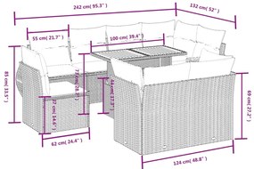 9 pcs conjunto de sofás p/ jardim com almofadões vime PE bege