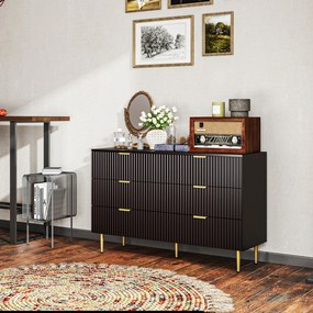 Cómoda de 6 gavetas, móvel de arrumação moderno para quarto com puxadores e pés dourados, 120 x 40 x 76,5 cm, preto