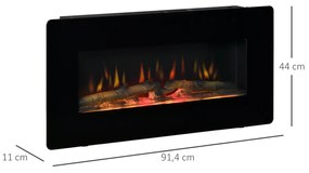 HOMCOM Lareira Elétrica de Parede 1800-2000W com Controle Remoto Simulação de Chama com Brilho Regulável Termostato e Temporizador para Salas de 30m² 91,4x11x44cm Preto