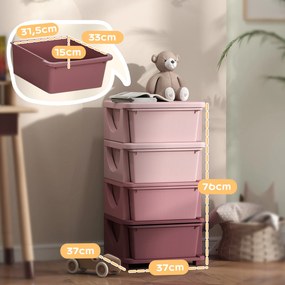 Organizador de Brinquedos para Crianças, 37 x 37 x 76 cm, 4 Gavetas Amovíveis, Rosa
