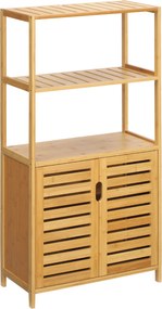Móvel de casa de banho em bambu 60 (L) x 30 (P) x 120 (A) cm, 2 prateleiras abertas e porta dupla com ripas, natural