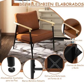 Poltrona de meados do século em couro sintético, com almofada de encosto removível e estrutura metálica, para sala de estar, quarto ou escritório, cor