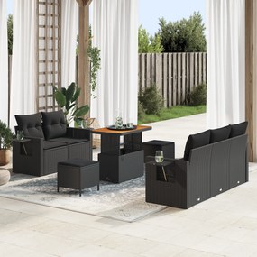 Conjunto de Sofá de Jardim de 8 Peças com Almofadas Preto Rattan Polié