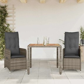 3 pcs conjunto bistrô de jardim c/ almofadões vime PE cinza