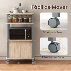 Carrinho de cozinha micro-ondas com rodas 60 x 40 x 98 cm, prateleiras e armário Natural