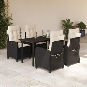 5 pcs conjunto de jantar p/ jardim c/ almofadões vime PE preto