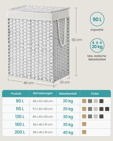 Cesto da roupa suja branco, 90 L, 33 x 46 x 60 cm com 2 compartimentos, trançado à mão e com tampa Branco
