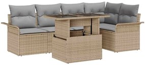 Conjunto de Sofá de Jardim de 6 Peças com Almofadas Bege Polímero de Vime