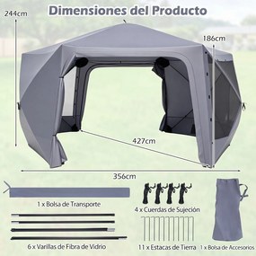 Tenda de Jardim Emergente de Seis Lados, 427 x 427 x 243 cm, Montagem Rápida, Cinzento