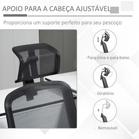 Cadeira de Escritório Ergonômica Giratória com Altura Ajustável Apoio para a Cabeça Suporte Lombar Reguláveis e Encosto Transpirável 63,5x64,5x113-122