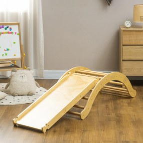 Arco de escalada infantil 4 em 1, cadeira de baloiço, rampa de escalada de dupla face e almofada, 168 x 49,5 x 39,5 cm, madeira natural