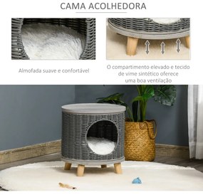 Caverna para Gatos de Vime Casa para Gatos Redonda com Tapete Lavável Pés de Madeira de Pinho Removíveis Ø36x40,5cm Cinza