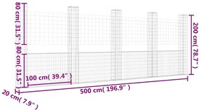 Cesto gabião em forma de U c/ 5 postes 500x20x200 cm ferro