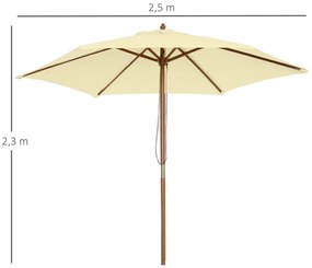 Chapéu de Sol Ø250x225cm Chapéu de Sol com Mastro de Madeira com 6 Has