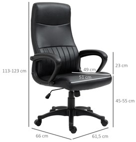 Vinsetto Cadeira de Escritório Ergonômica Cadeira de Escritório Basculante e Giratória 360° com Altura Ajustável Encosto Alto e Apoio para os Braços Pele Sintética 61,5x66x113-123cm Preto
