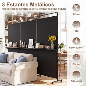 Biombo Dobrável de 3 Painéis, 259 x 44 x 188 cm, Com Rodas Bloqueáveis, Preto