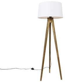 Candeeiro de pé rústico tripé vintage em madeira com abajur de linho branco 45 cm - Tripod Classic Rústico