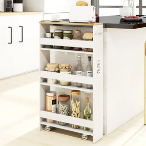 Carrinho cozinha estreito 47,5 x 13 x 80,5 cm com estação de carregamento de 4 níveis com rodas bloqueáveis Branco + Natural