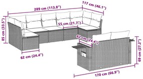 9 pcs conj. sofás jardim com almofadões vime PE cinzento-claro