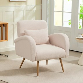 Poltrona de sala em tecido Teddy, cadeira estofada, assento largo, almofada lombar, pés em metal com efeito de madeira, bege