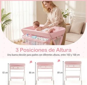 Mesa Trocador fraldas para Bebés Portátil e Dobrável Altura Ajustável 3 Níveis Organizador Móvel com Cesto Prateleira Rodas e Travão Rosa