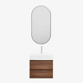 Conjunto De Móvel De Casa De Banho Em Madeira E Chapa De Freixo Com Lavatório Integrado Ona Madeira Escura & Ovale Led E Antifog Preto - Sklum