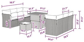 Conjunto de Sofá para Jardim com 9 Peças e Almofadas Pretas em Rattan
