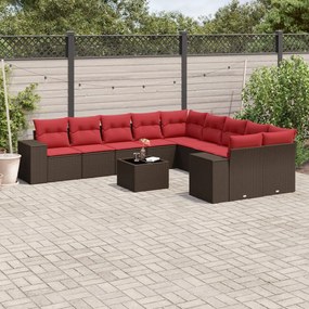 vidaXL 11 pcs conjunto sofás de jardim c/ almofadões vime PE castanho