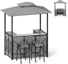 Conjunto de Pérgula para Churrasqueira ou bar 194 x 121 x 242 cm com 2 Bancos Estante Metálica de 2 Níveis com Teto Duplo Cinzento
