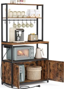 Armário de cozinha 40 x 80 x 170 cm com tomada e 8 ganchos, castanho vintage-Preto