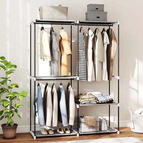 Guarda Roupa Aberto 142x43x185 cm Armário para Roupas com 4 Prateleiras de Tecido 3 Barras para Pendurar Cinzento