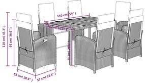 7 pcs conjunto de jantar p/ jardim c/ almofadões vime PE preto