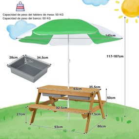 Mesa de piquenique infantil 3 em 1 com guarda-sol removível e ajustável de altura de 117 a 187 cm Mesa de madeira para pátio de jardim Verde