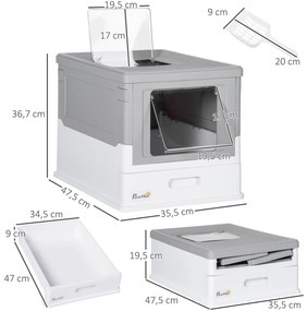 Caixa de Areia para Gatos Dobrável Caixa de Areia para Gatos Fechada com Bandeja Removível e Pá 47,5x35,5x36,7cm Cinza
