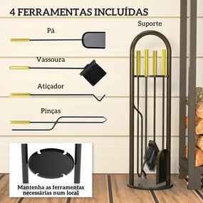 Conjunto de Acessórios para Lareira de 5 Peças de Metal com Vassoura Pá Tenazes Atiçador e Suporte 20x20x71 cm Dourado