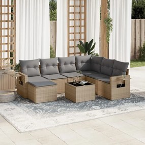 8 pcs conjunto de sofás p/ jardim com almofadões vime PE bege