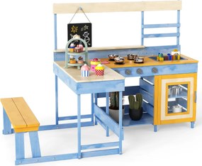 Cozinha de brincar com mesa de piquenique para crianças de madeira de abeto com banco Quadro negro Acessórios Utensílios Azul